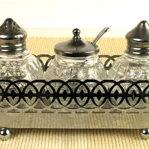 Vintage CONDIMENT CRUET SET Glass and Chrome Salt, Pepper and Mustard Pot With Spoon