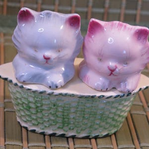 Vintage 70s  Cats in a Basket Salt Pepper Shaker Set, Cute Kitten, Kitsch Feline Display, Cat Lovers Kitchen, Made in Japan, Gift