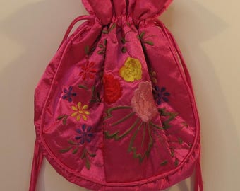 Vintage Beautiful Drawstring Kimono Purse From Japan With Beautiful Hand Stitched Floral Pattern Handmade In Japan