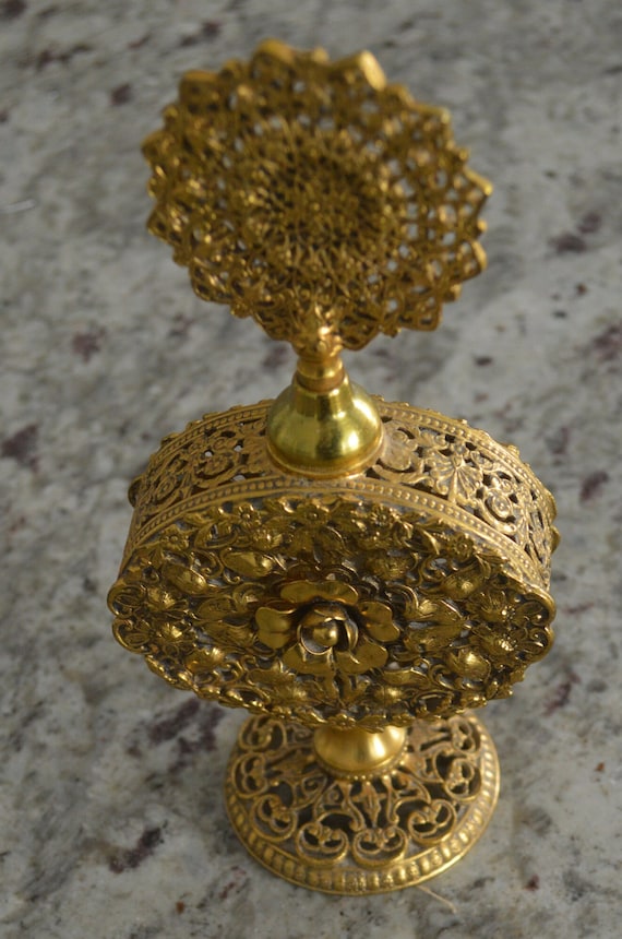 Lovely Ornate Vintage Brass & Glass Perfume Bottl… - image 1