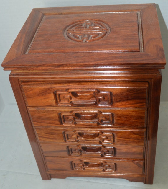 Large Chinese Hand Craved Wooden Jewelry box with 