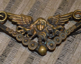 Unique Antique Art Nouveau Bronze Brooch, Woman w Wings, Lotsa hair