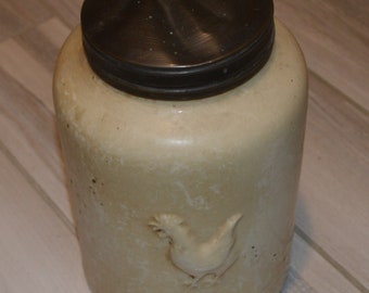 Vintage Stoneware Canister with Chicken Logo w Metal Lid, 11” tall