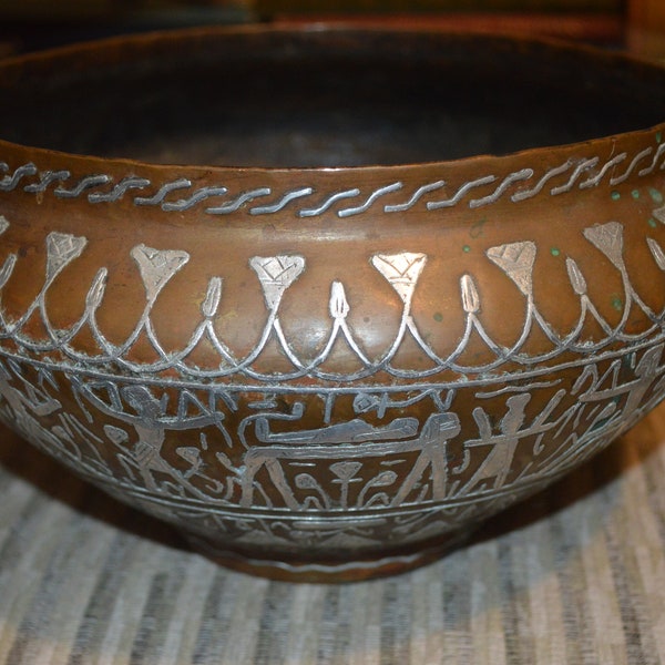 Gorgeous Antique Hand Made Egyptian Metal Bowl, Silver Overlay, 6” tall, Rare