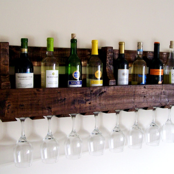 Reclaimed Wood Wine Rack Wine Bottle Wine Glass Pallet Wood Wine Rack Dark Walnut Brown or Natural (no color) Eco Friendly