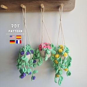 Modèle de crochet : Roses suspendues dans des pots | Modèle de pot suspendu au crochet | Fleurs décoratives au crochet à faire soi-même | Tutoriel PDF