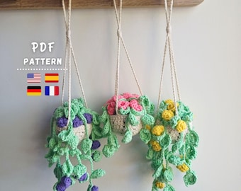 Crochet Pattern, Hanging Rose Plant Basket Pattern | Crochet Car Hanging Plant Pattern | DIY Crochet Hanging Flower Pot | PDF Tutorial
