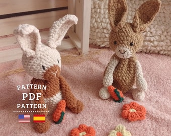 CROCHET PATTERN, Amigurumi Cute Plush Rabbits, Rabbit Snuggles, English and Spanish PDF