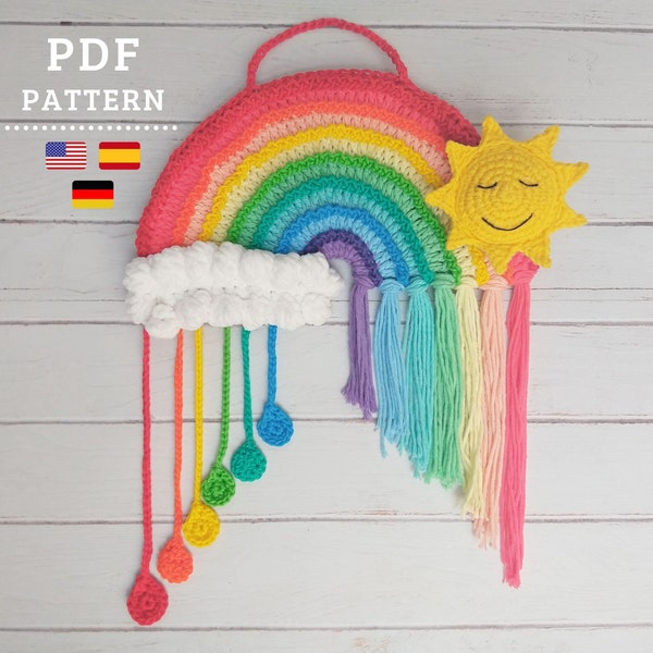 CROCHET PATTERN - Rainbow with Smiling Sun and Cloud, Crochet Wall hanging, Pastel Colors, Crochet Tapestry - PDF Pattern, - Chipifriends