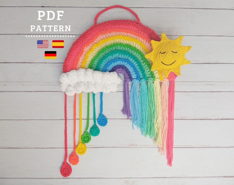 CROCHET PATTERN Rainbow with Smiling Sun and Cloud, Crochet Wall hanging, Pastel Colors, Crochet Tapestry PDF Pattern, Chipifriends image 1