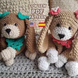 CROCHET PATTERN, Amigurumi Lovey Dog Snuggler, Low Sew Pattern, Cute Crochet Toy,  Puppy Cuddler, Comforter, English and Spanish PDF