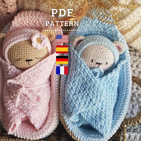 PATRON CROCHET - Amigurumis Bébés ours avec leur berceau– Français, Anglais, Allemand et Espagnol