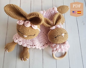 CROCHET PATTERN, Bunny Security Blanket and Rattle Amigurumi - 2 Patterns Pack, PDF Inglish and Spanish Tutorials