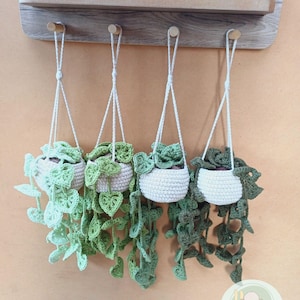 May include: Four crocheted hanging planters with green leaves, each in a white pot, hanging from hooks on a wooden wall.
