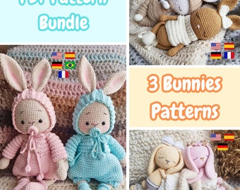 CROCHET PATTERN - 3 in 1 Amigurumi Bunny Pattern Bundle, Cute Crochet Bunnies - Multilanguages PDF