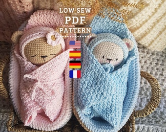 CROCHET PATTERN - Anigurumis Baby Bears with Cribs - Low Sew Cute Crochet Toys - English, Spanish, German and French PDF - Chipifriends