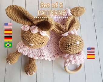 PATRÓN CROCHET, Manta de Apego y Sonajero Coneja Amigurumi Pack