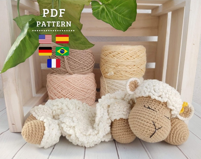 CROCHET PATTERN Sheep Security Blanket, PDF Pattern, Cute blanket English, German, Spanish, French and Portuguese tutorial Chipifriends image 1
