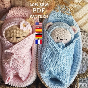 CROCHET PATTERN - Anigurumis Baby Bears with Cribs - Low Sew Cute Crochet Toys - English, Spanish, German and French PDF - Chipifriends