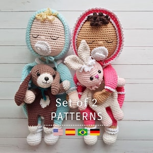 Crochet PATTERN, Amigurumi Lovey Baby Twins with Pets - Set of 2 Patterns - Crochet Security Blankets Pattern - PDF Tutorial - Chipifriends