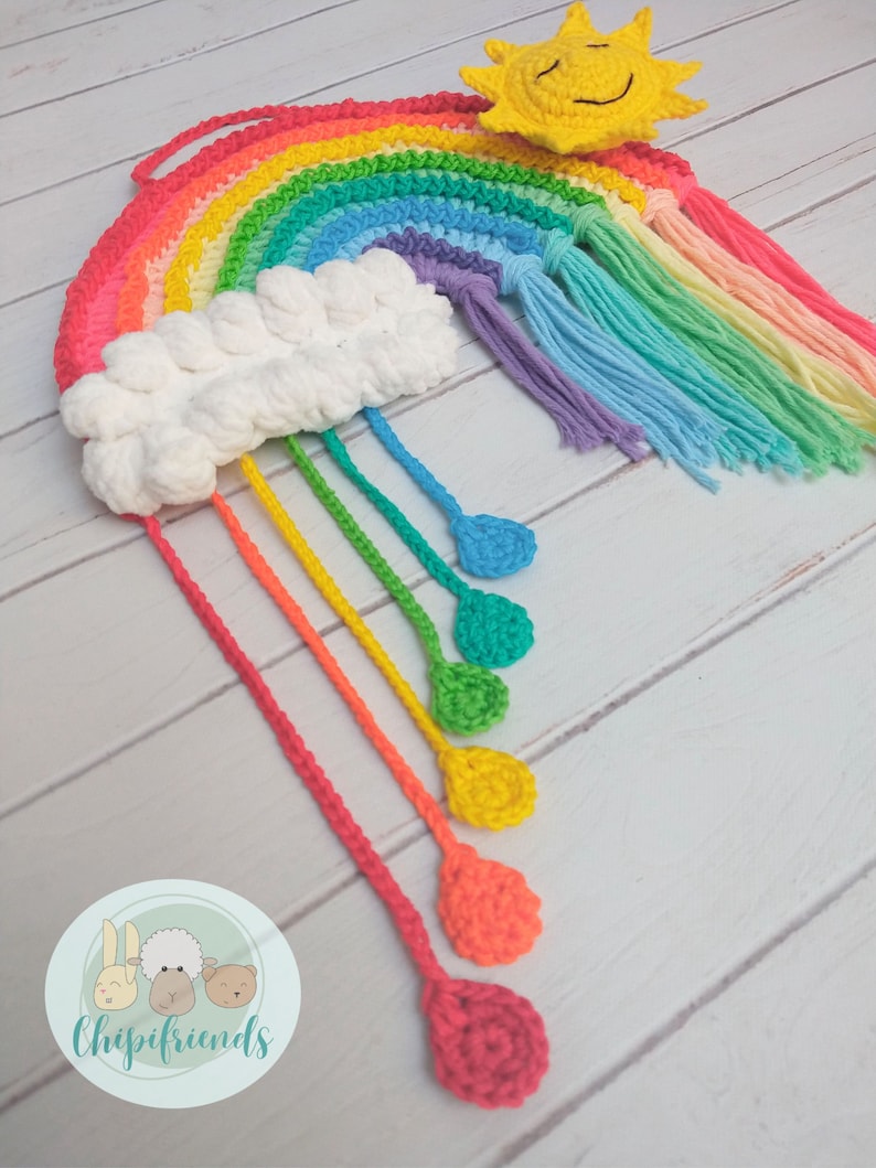 CROCHET PATTERN Rainbow with Smiling Sun and Cloud, Crochet Wall hanging, Pastel Colors, Crochet Tapestry PDF Pattern, Chipifriends image 3