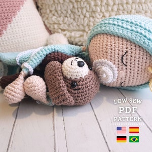 CROCHET PATTERN - Amigurumi Lovey Baby with Puppy, Low Sew Crochet Toy - PDF Tutorial English, Spanish, German and Portuguese - Chipifriends