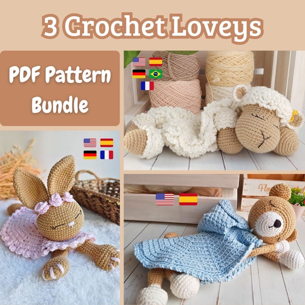 PATRÓN CROCHET, Mantas de Apego Oveja, Coneja y Oso - Pack 3 Patrones