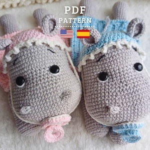 CROCHET PATTERN Hippo Security Blanket, Baby Hippo, English and Spanish Printable PDF