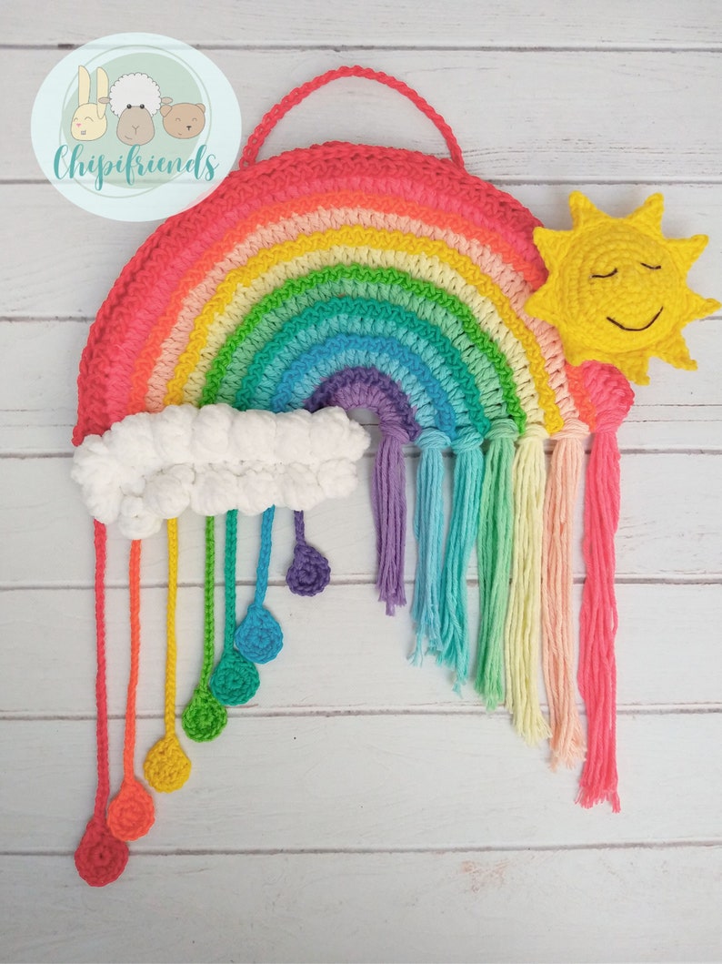 CROCHET PATTERN Rainbow with Smiling Sun and Cloud, Crochet Wall hanging, Pastel Colors, Crochet Tapestry PDF Pattern, Chipifriends image 5