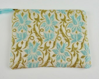 Aqua Blue and Gold Silk Brocade Floral Print Pouch, with Aqua Blue Satin Lining, Gold Zip closure, Handmade in USA, 6.75" H x 8.5" W