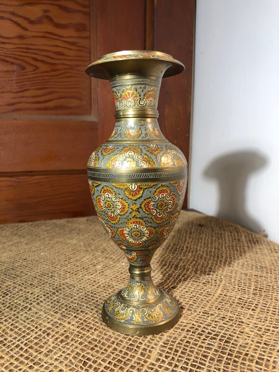 Vintage Etched Brass Vase With Painted Flowers -  New Zealand