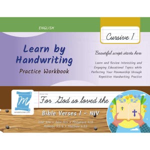 May include: A handwriting practice workbook with the title "Learn by Handwriting" and the subtitle "Practice Workbook." The cover features the text "Cursive 1" and "Bible Verses 1 - NIV." The workbook includes Bible verses for handwriting practice.
