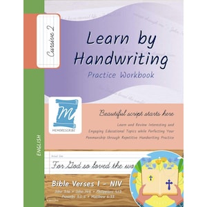 May include: A workbook titled "Learn by Handwriting Practice Workbook" with the text "Cursive 2" on the cover. The cover features a purple and peach color scheme with the text "For God so loved the wo" and Bible verses.