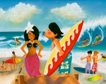 Surfero, impresión, pastel, polinesia, A3, playa, Surf, mar, naif, pareja, ilustración, color