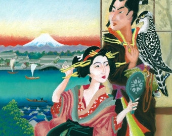 Japón, impresión, pastel, ukiyo-e, japonés, ilustración, A3, Fujiyama, Geisha, Samurai, escena romántico, pareja, color