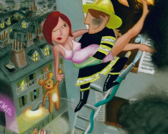 París, impresión, pastel, bombero, pareja, romántica, A3, Ilustración, color, Eiffel