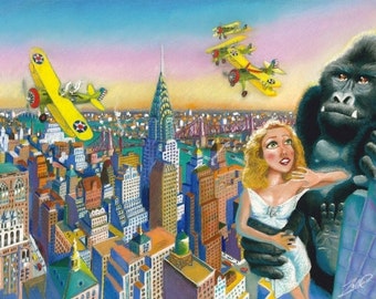 King Kong, impresión, pastel, aventura, Nueva York, 1933, Fay Wray, cine, peliculas, ilustración, color