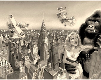 King Kong, impresión, pastel, blanco y negro, sepia, aventura, Nueva York, 1933, Fay Wray, cine, peliculas, ilustración