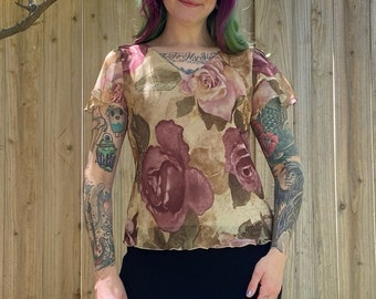 Vintage 1990’s Tan and Pink Rose Print Blouse