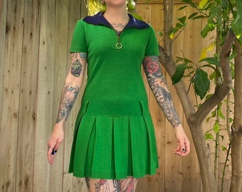 Vintage 1960’s Green Wool Mini Dress with Pleated Skirt