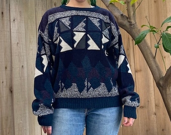 Vintage 1980’e Blue and Black Geometric Sweater