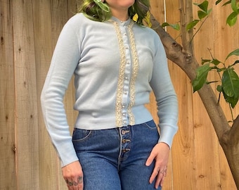 Vintage 1950’s Blue Sweater with Silver Ribbon Detail