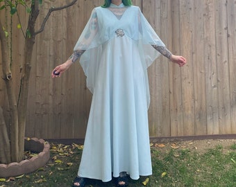 Vintage 1970’s Pastel Blue Maxi Dress with Sheer Attached Shawl