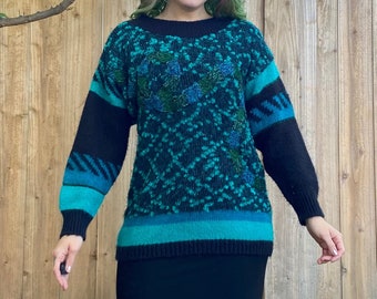 Vintage 1980’s Teal and Black Sweater with Swirl Front