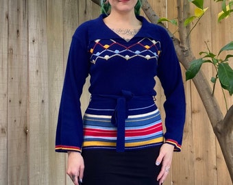 Vintage 1970’s Blue Sweater with Stripe and Zig Zag Pattern