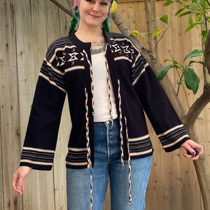 Vintage 1970’s Black Sweater with Pink, White and Teal