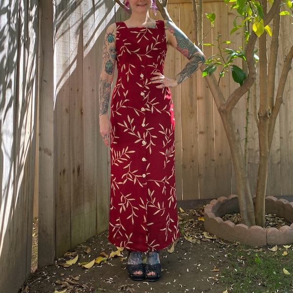 Vintage 1990’s Red Leaf Print Maxi Dress