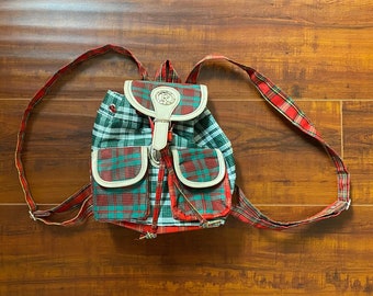 Vintage 1990er Mini Rucksack, grün-rot kariert