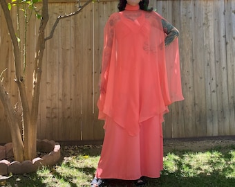 Vintage 1970’s Salmon Pink Dress and Shawl Set