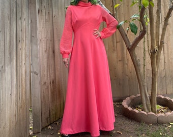 Vintage 1970’s Pink Maxi Dress with Lace Cut Out Sleeves